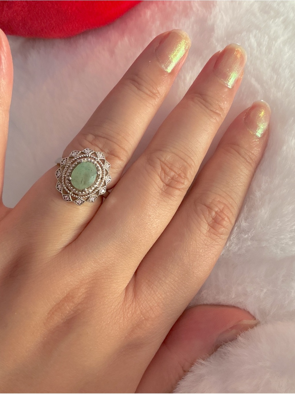 Sterling Silver 925 Filigree Statement Ring -Oval Green Emerald